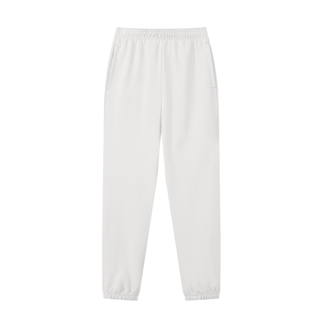 A pair of light gray jogger pants with an elastic waistband and elastic cuffs, shown flat against a solid white background.