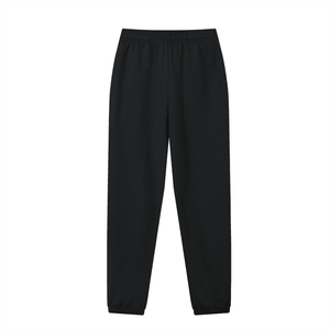 Black jogger pants with an elastic waistband and ribbed ankle cuffs, shown flat against a solid white background.