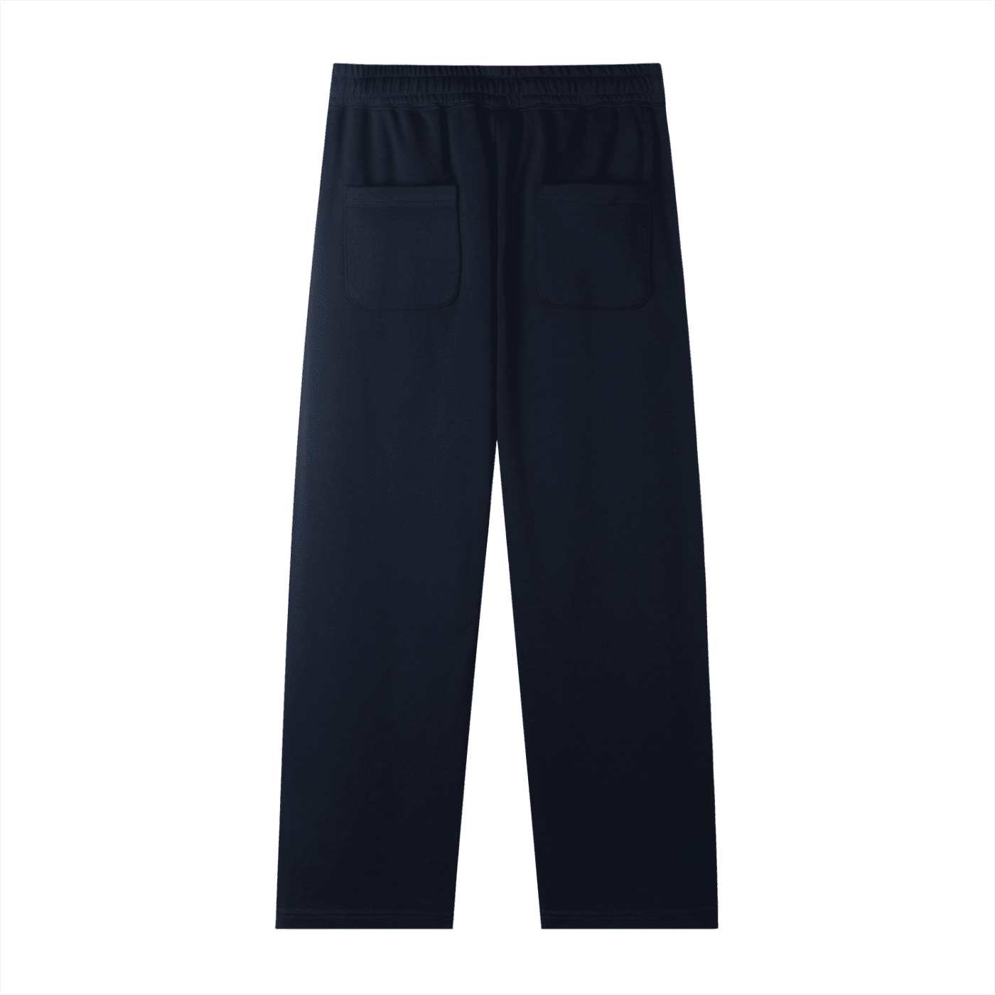 Navy blue pants with two front pockets on a white background