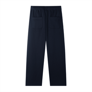 Navy blue pants with two front pockets on a white background