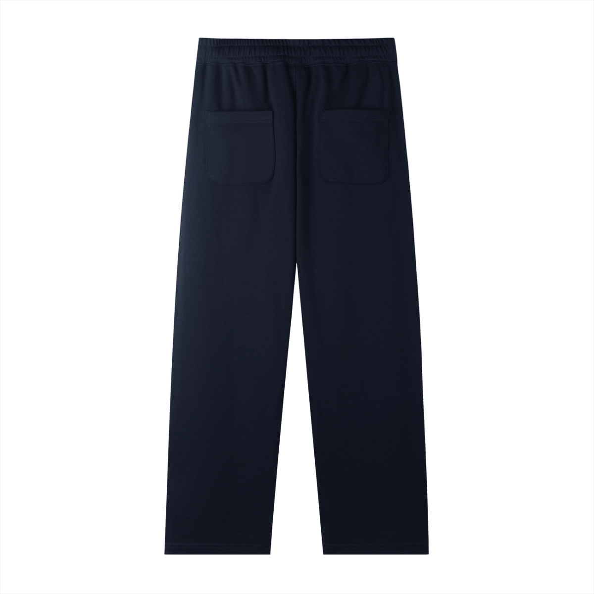 Navy blue pants with two front pockets on a white background