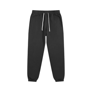 Black sweatpants with a white drawstring on a white background