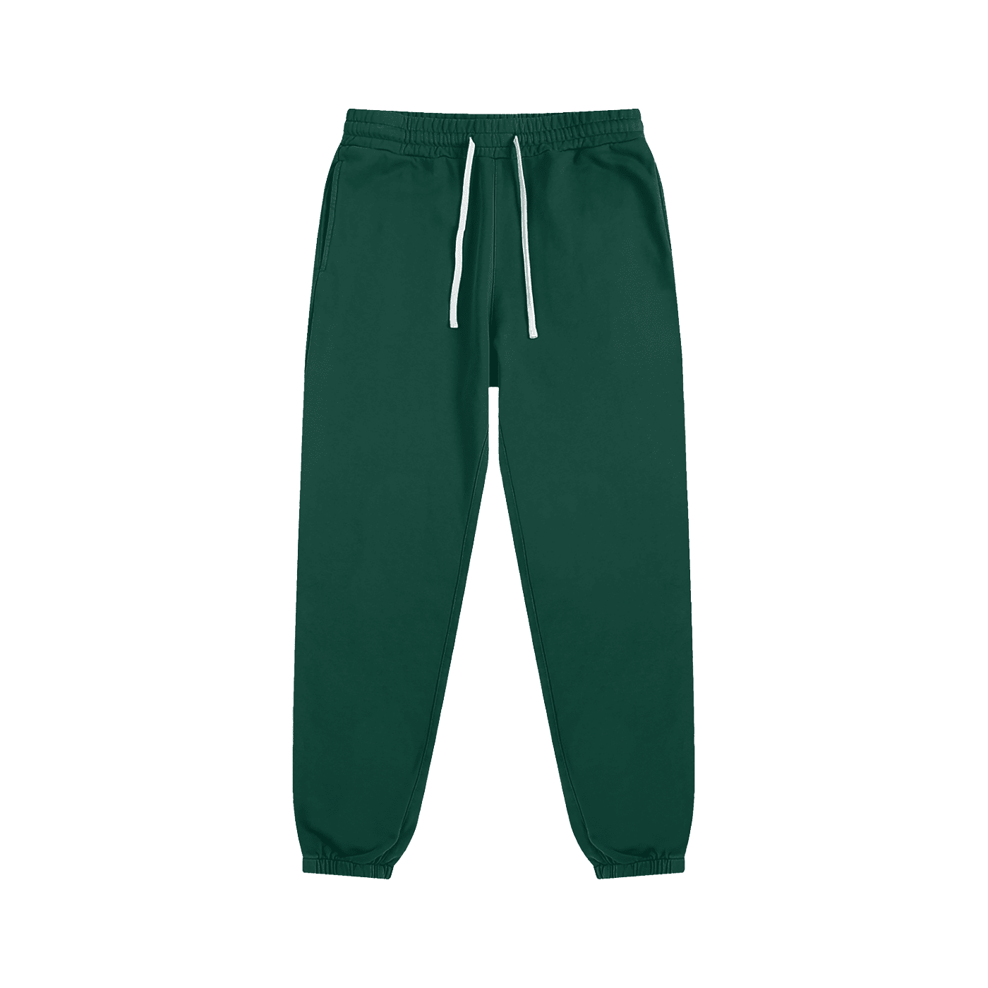 Green sweatpants with a white drawstring on a white background