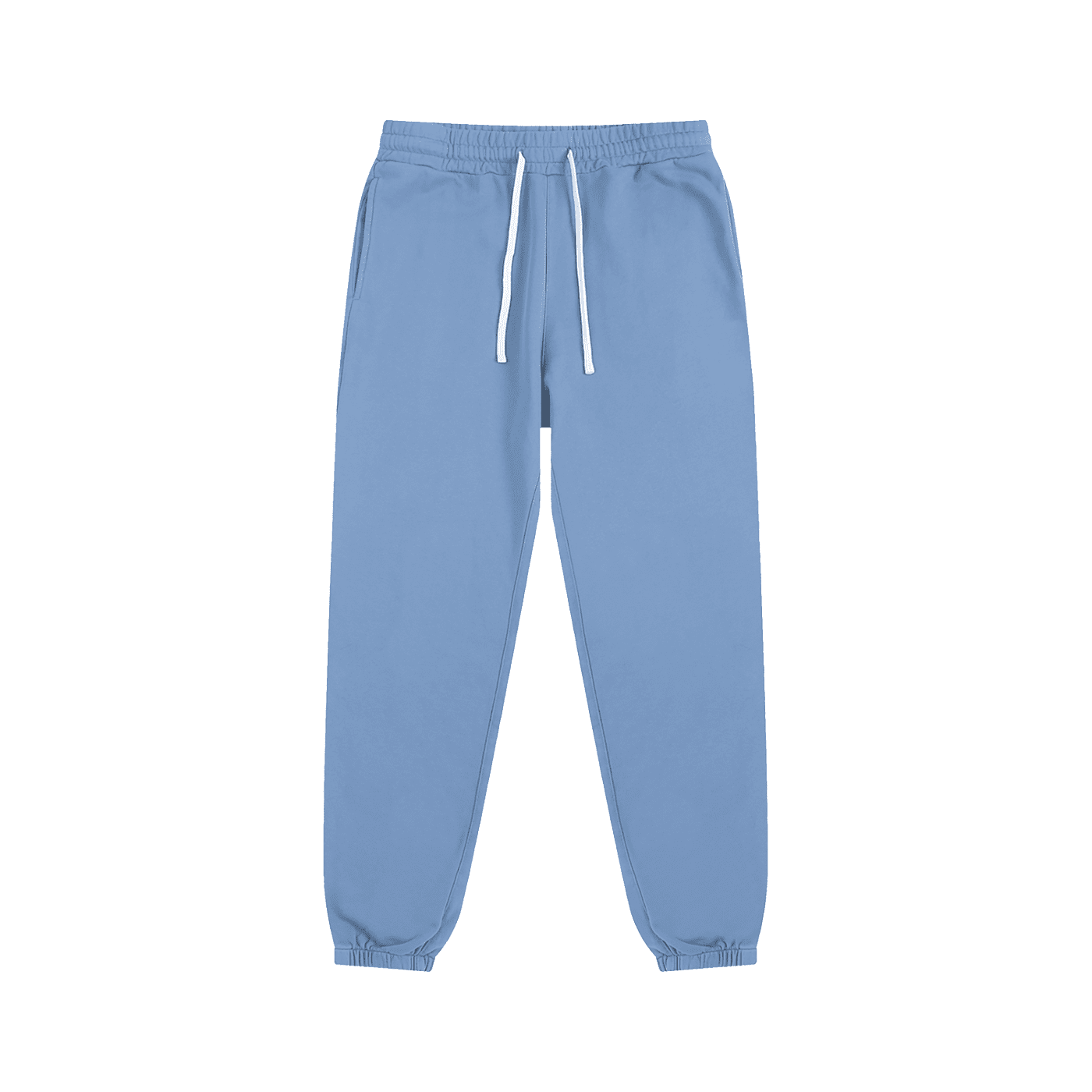Light blue sweatpants with a drawstring on a white background