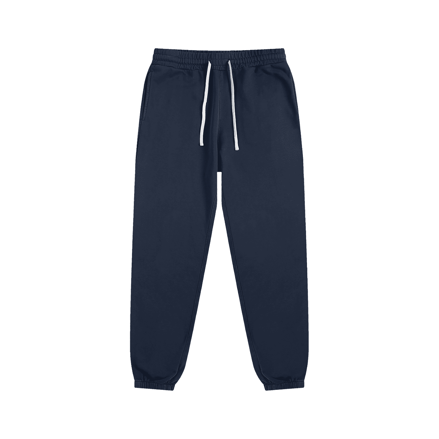 Navy blue sweatpants with a white drawstring on a white background