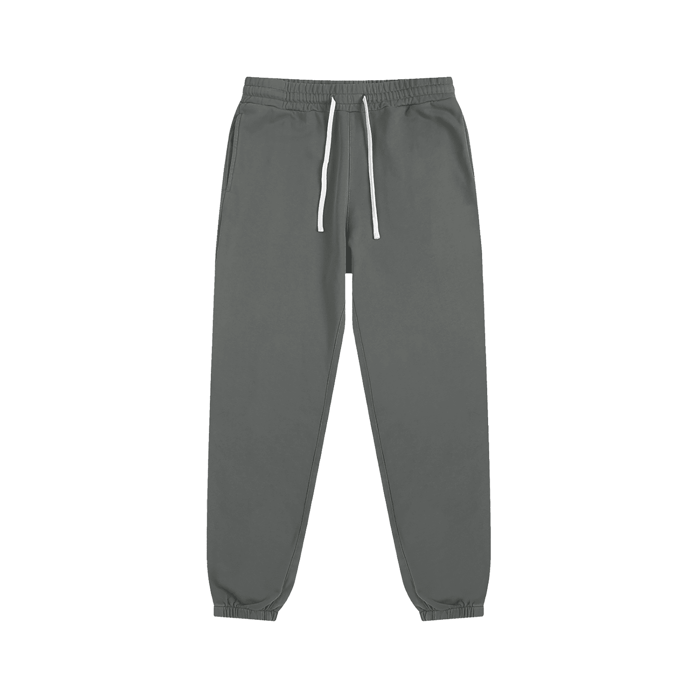 Gray sweatpants with a drawstring on a white background