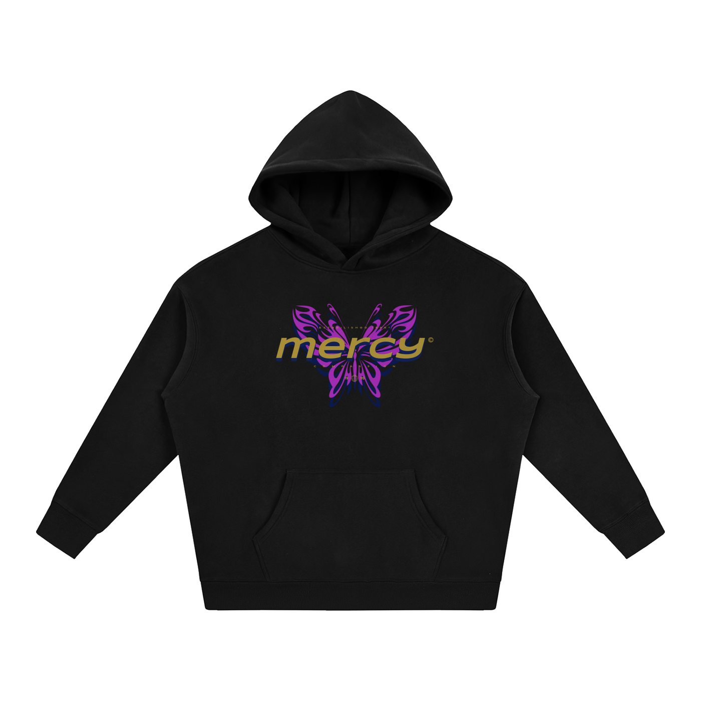 A black pullover hoodie with a front kangaroo pocket and a graphic on the chest featuring a purple butterfly and the word 'mercy' in gold.