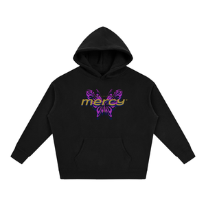 A black pullover hoodie with a front kangaroo pocket and a graphic on the chest featuring a purple butterfly and the word 'mercy' in gold.