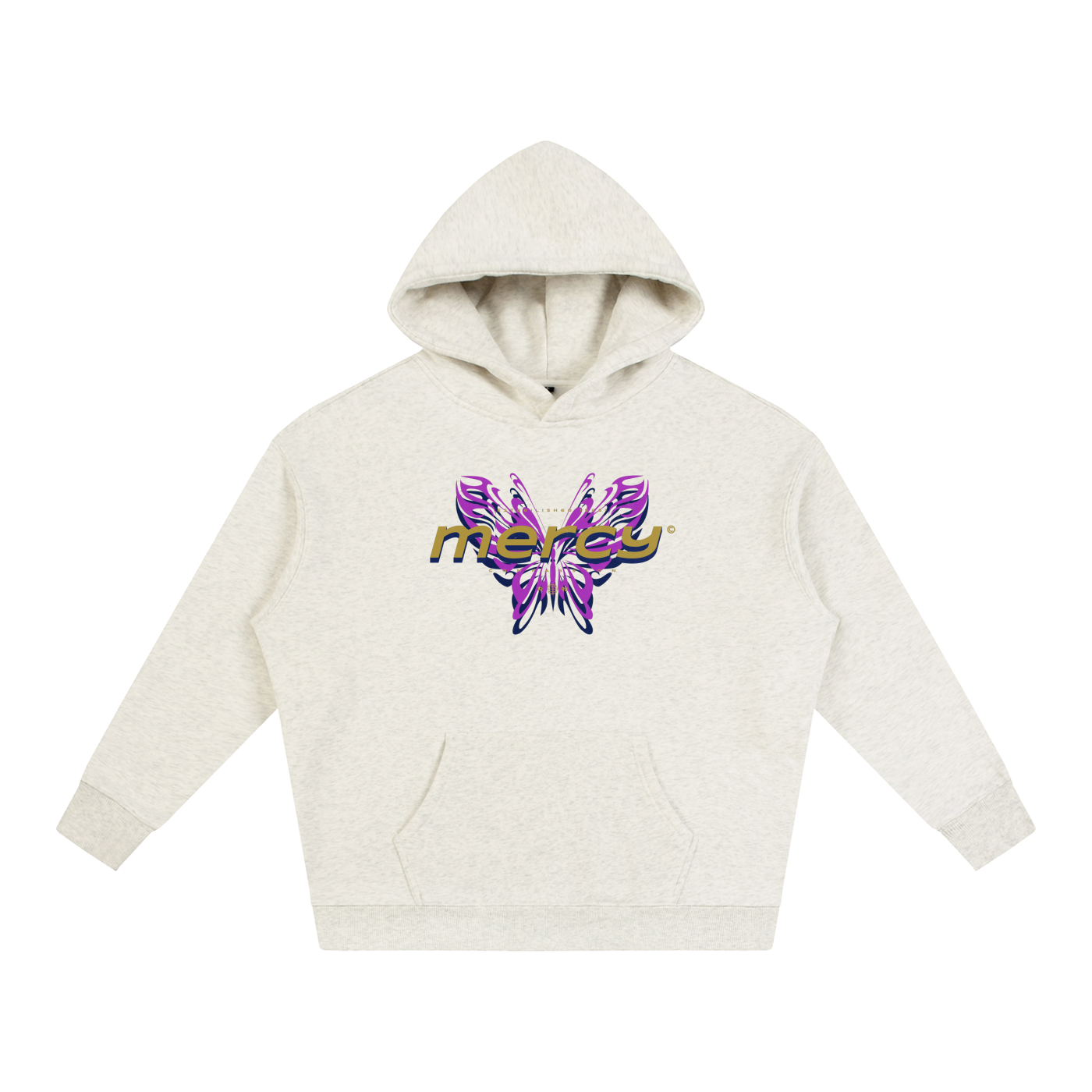 A light heather gray hooded sweatshirt with a colorful graphic on the chest. The graphic features a purple butterfly with gold and blue accents behind the word 'mercy' in a stylized gold font.