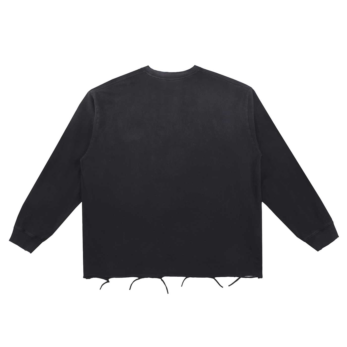 Black sweater with fringe details on a white background