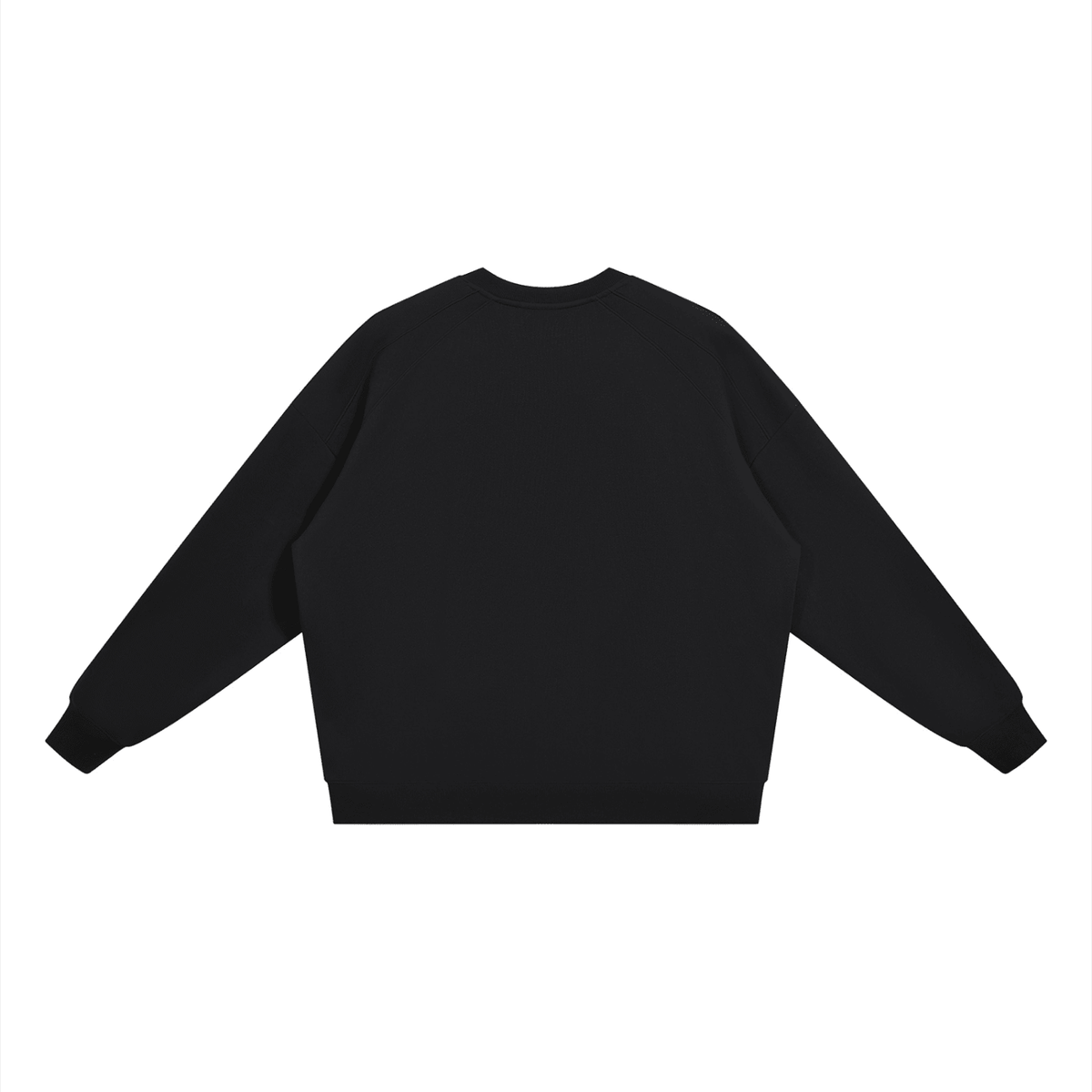 A plain black long-sleeve crewneck sweatshirt shown from the back, laid flat against a solid white background.