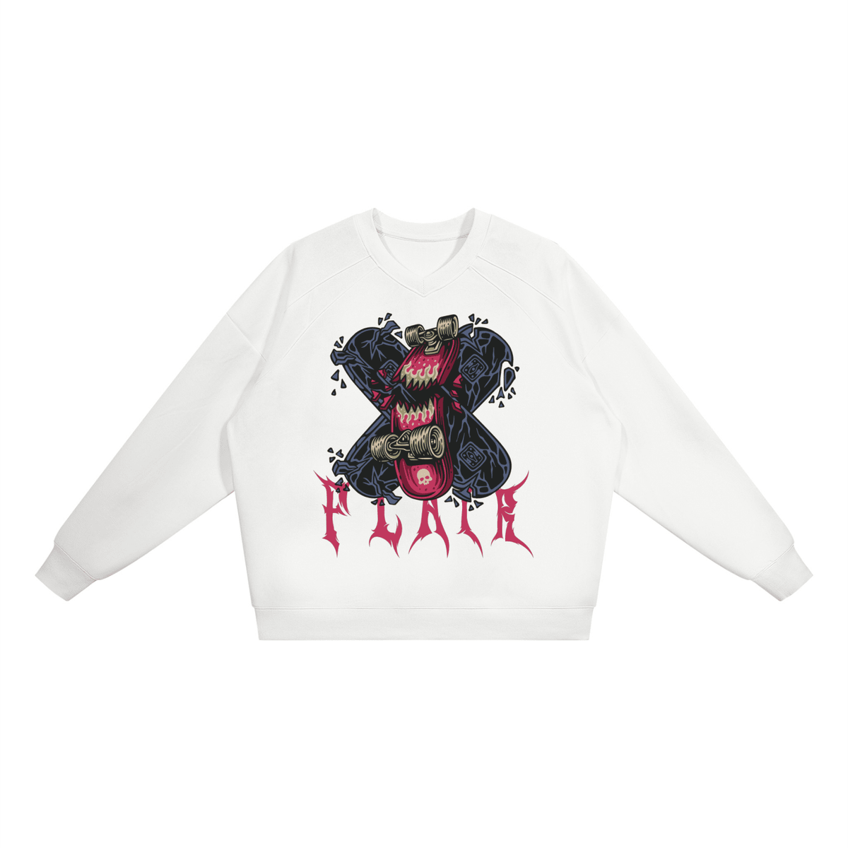 A white crewneck sweatshirt featuring a graphic print of a skull wearing a black bandana and sunglasses, with a red heart-shaped object in front, and the word 'PULSE' in stylized red font below.