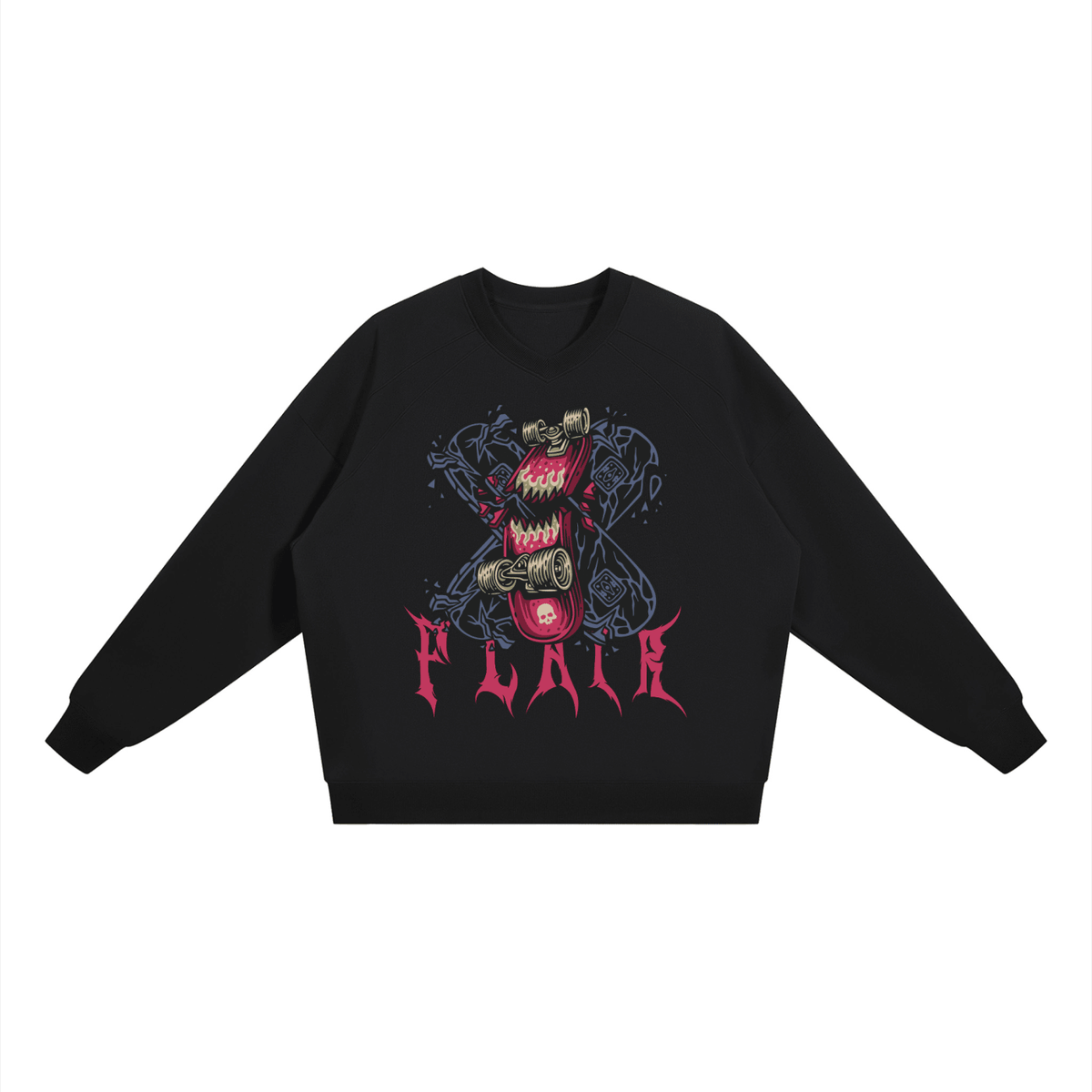 A black crewneck sweatshirt featuring a graphic of a skull wearing a red bandana and a pink circular emblem, with blue snakes and the word 'FUKLE' in a stylized red font below it, shown on a plain white background.