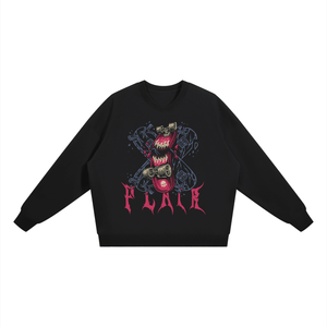 A black crewneck sweatshirt featuring a graphic of a skull wearing a red bandana and a pink circular emblem, with blue snakes and the word 'FUKLE' in a stylized red font below it, shown on a plain white background.