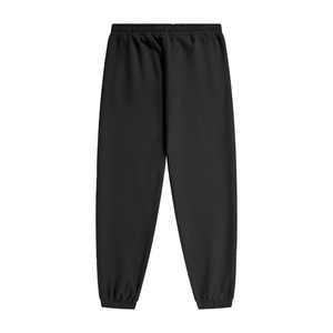 Black jogger pants with an elastic waistband and elastic cuffs, shown flat against a solid white background.