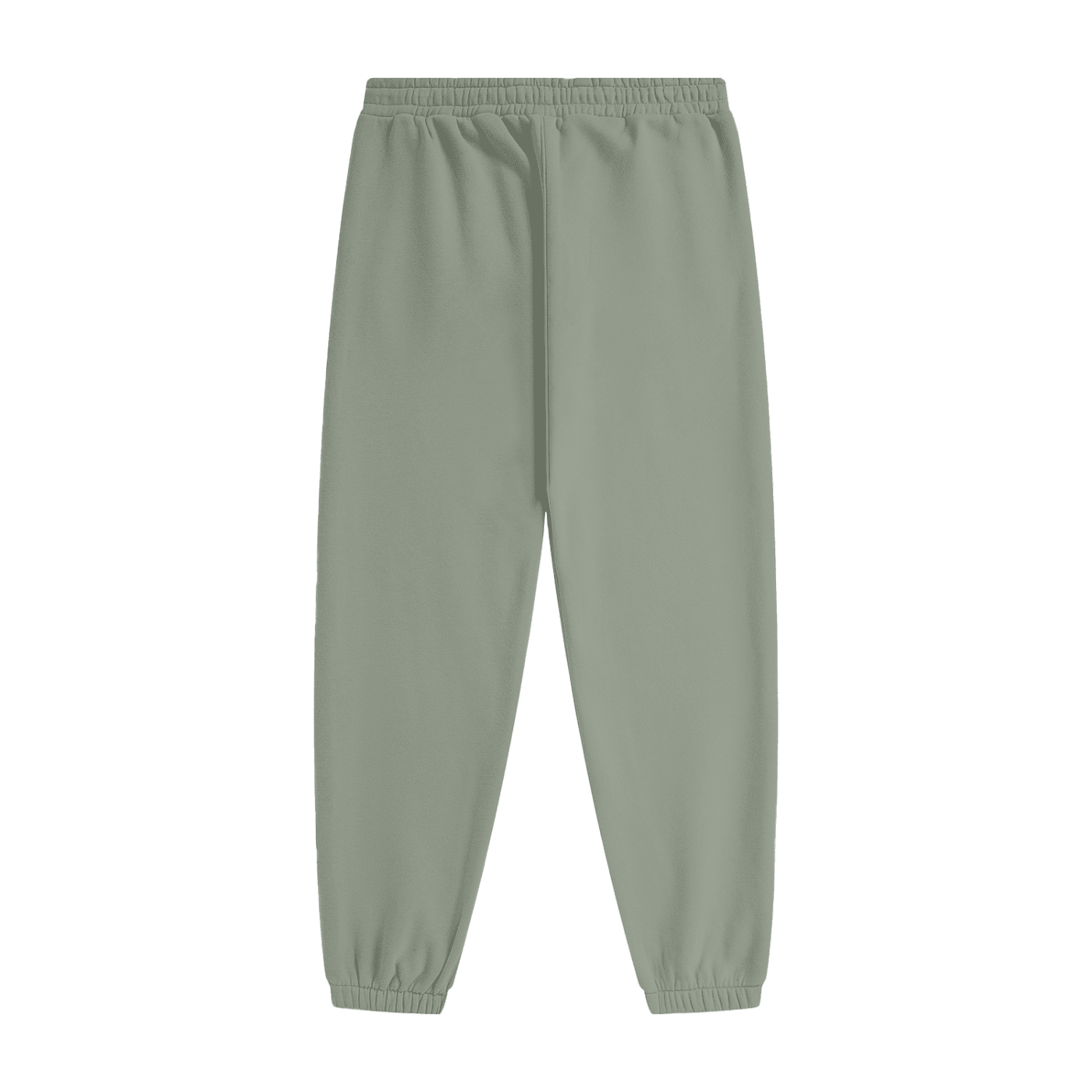 A pair of sage green jogger pants with an elastic waistband and ribbed ankle cuffs, shown flat against a solid white background.