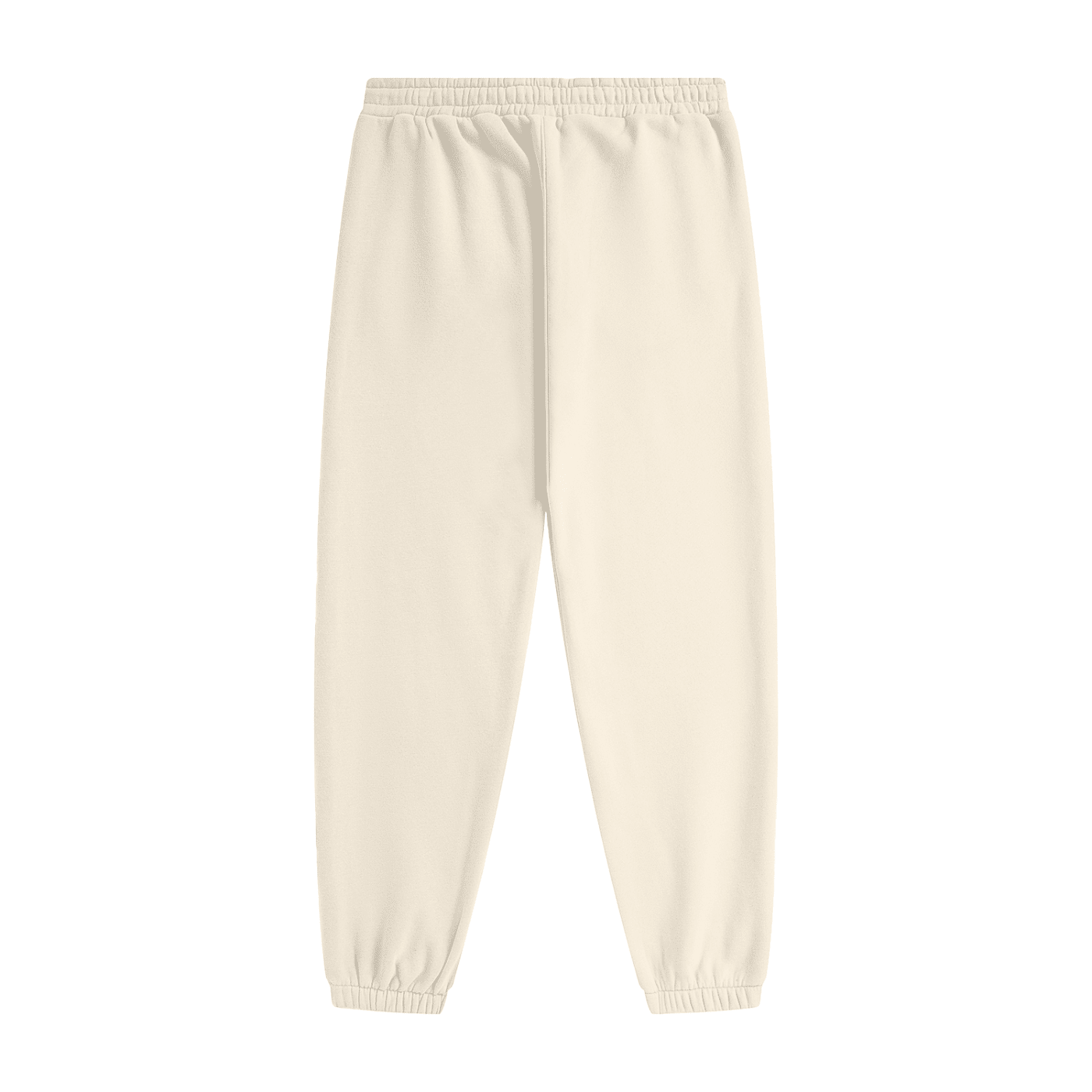 Cream-colored fleece sweatpants with an elastic waistband and ribbed ankle cuffs, shown flat against a solid white background.