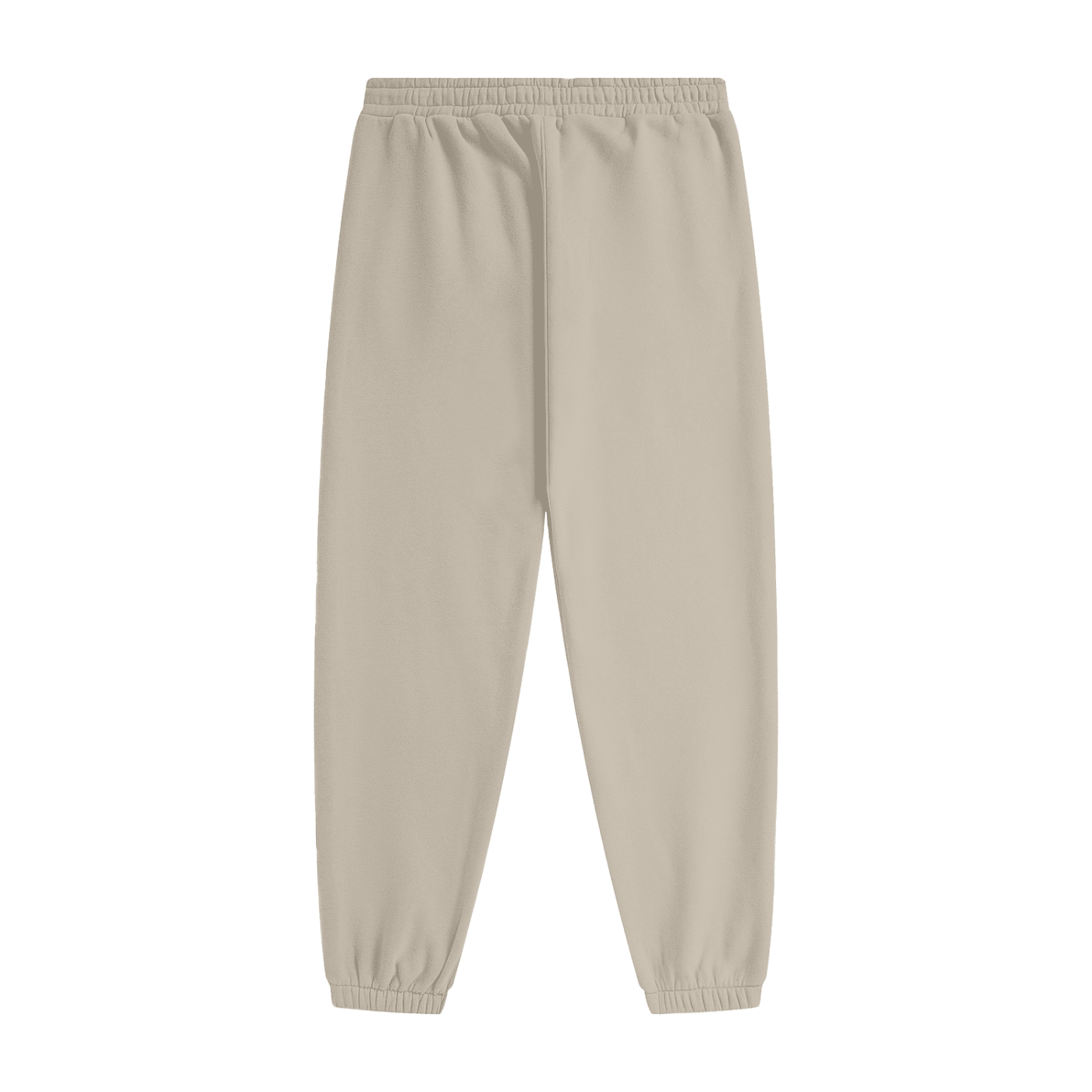 A pair of light beige jogger pants with an elastic waistband and ribbed ankle cuffs, shown flat against a solid white background.