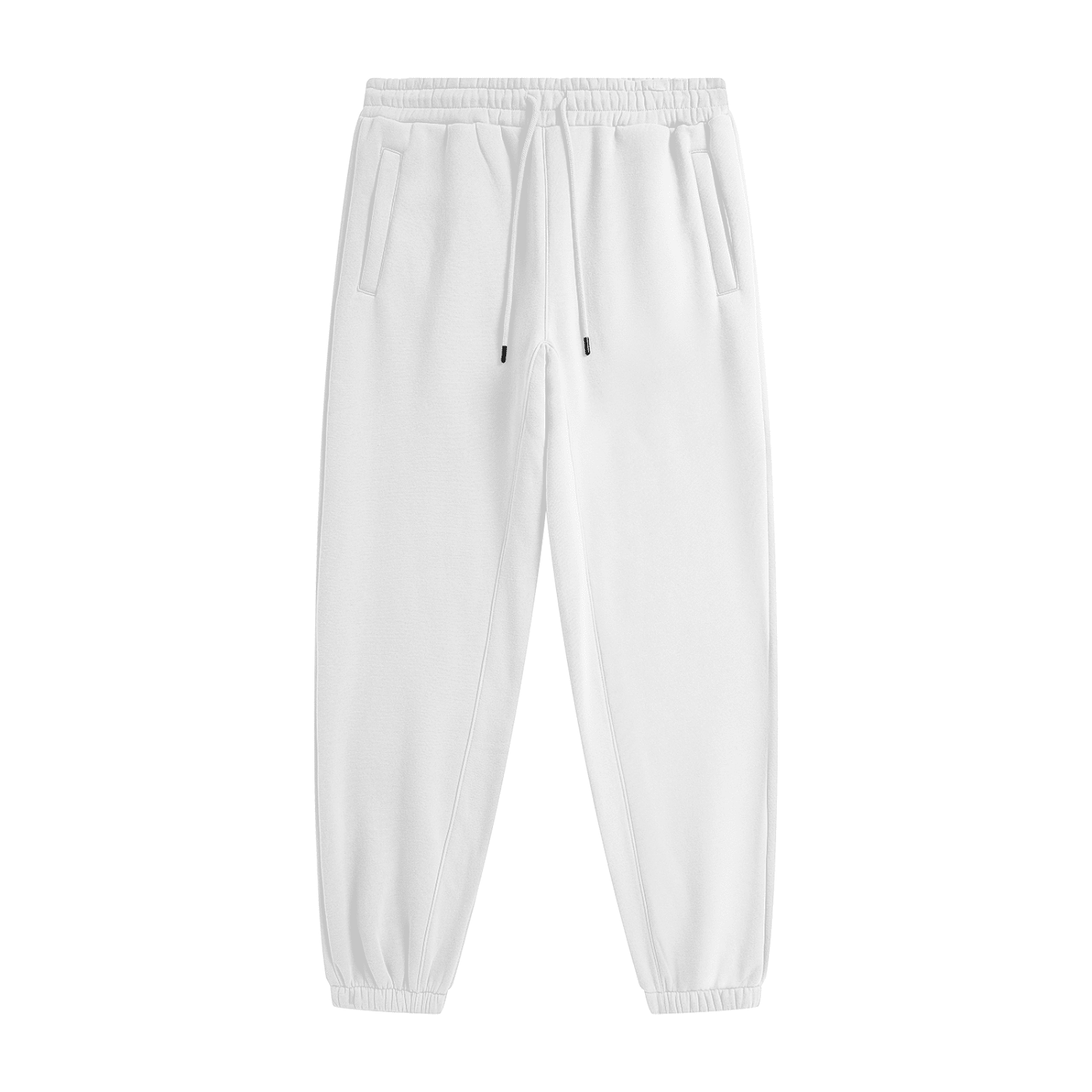 White pants with a brand logo on a white background