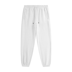 White pants with a brand logo on a white background