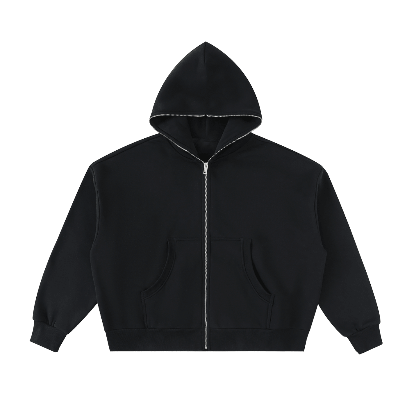 Black hoodie with a zipper on a white background