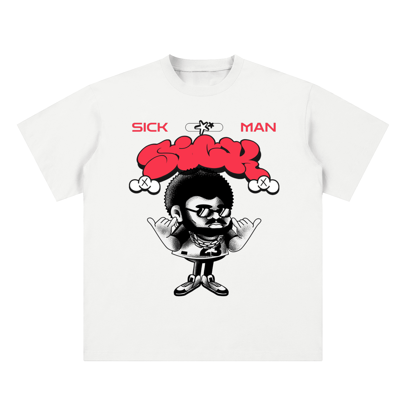 White t-shirt with a graphic design of a character with red hair and text 'SICK MAN' on a white background