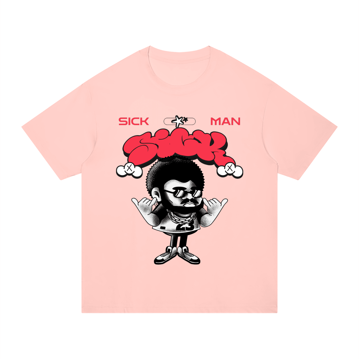 A light pink short-sleeve t-shirt with a graphic print of a cartoon character with a red afro and the words 'SICK MAN' on the front, displayed on a solid white background.