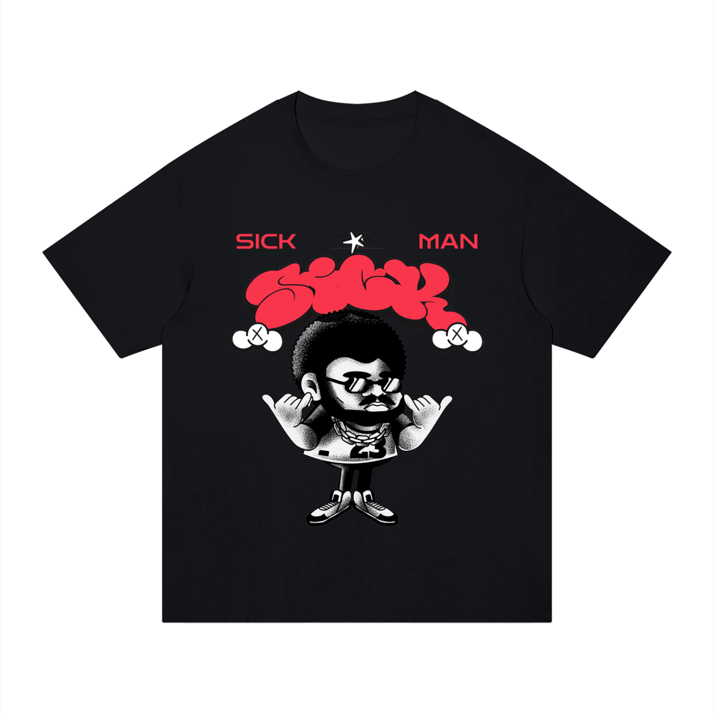 A black short-sleeve t-shirt with a graphic print on the front. The design features the words 'SICK MAN' in red above a black-and-white cartoon illustration of a man with sunglasses and a red cloud-like hat, set against a plain white background.