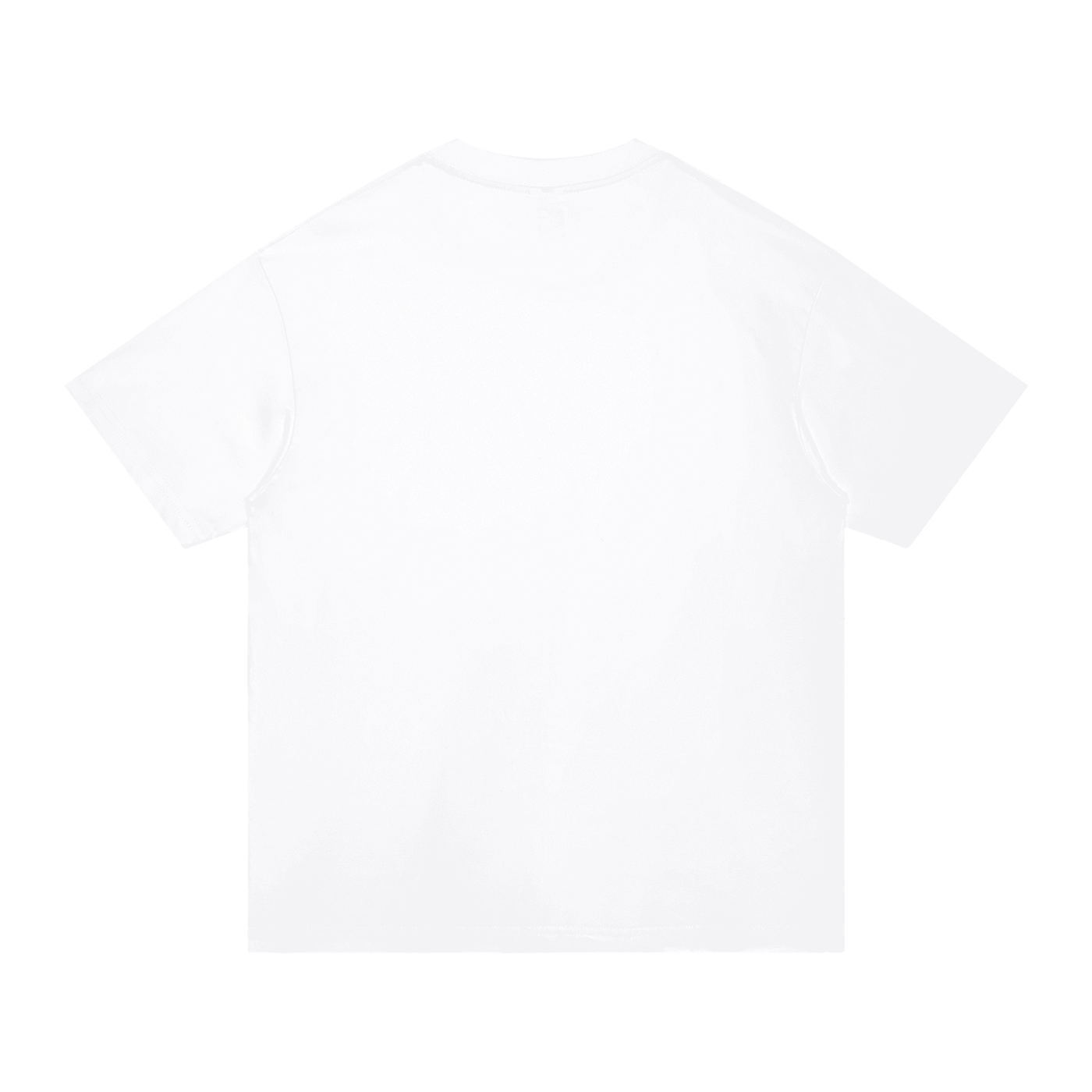 A plain white short-sleeve crewneck t-shirt shown from the back, laid flat against a solid white background.