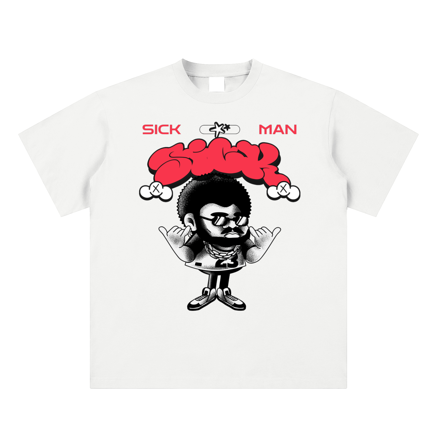 White t-shirt with a graphic design of a character with red hair and text 'SICK MAN' on a white background