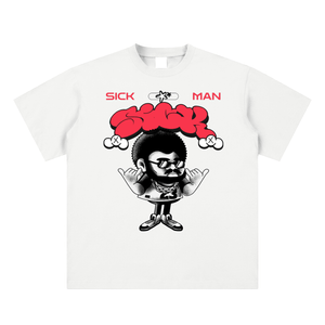 White t-shirt with a graphic design of a character with red hair and text 'SICK MAN' on a white background