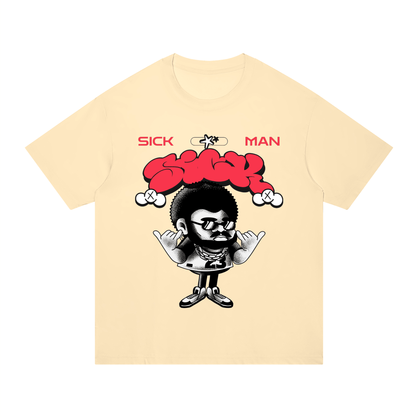 A pale cream-colored short-sleeve t-shirt with a graphic print on the front. The graphic features the words 'SICK MAN' in red, a small black-and-white star logo, and a cartoon character with a large red afro and sunglasses.