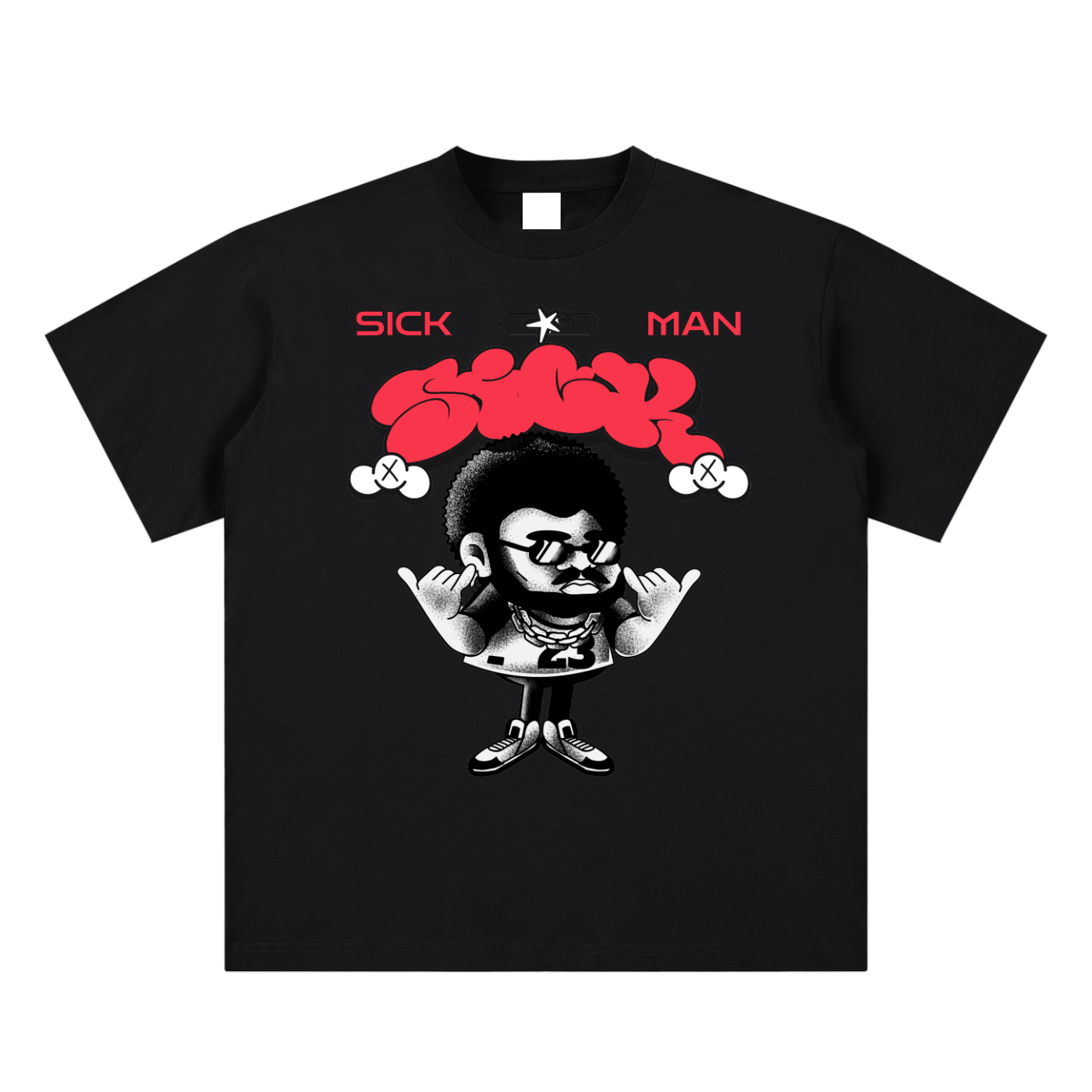 Black t-shirt with graphic design and text 'SICK MAN' on a white background
