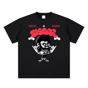 Black t-shirt with graphic design and text 'SICK MAN' on a white background
