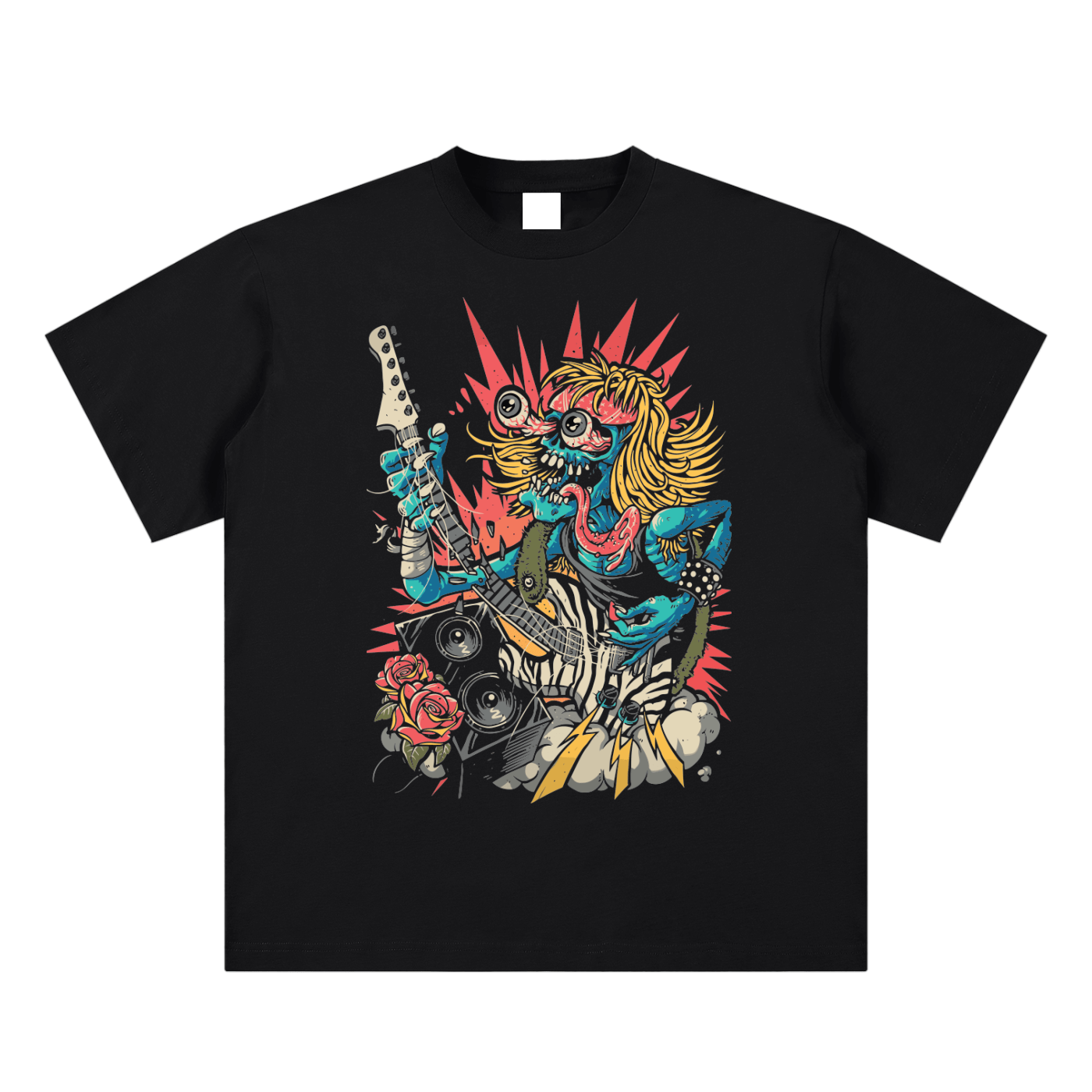 Black t-shirt with a colorful graphic design of a zombie playing guitar on a white background