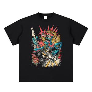 Black t-shirt with a colorful graphic design of a zombie playing guitar on a white background