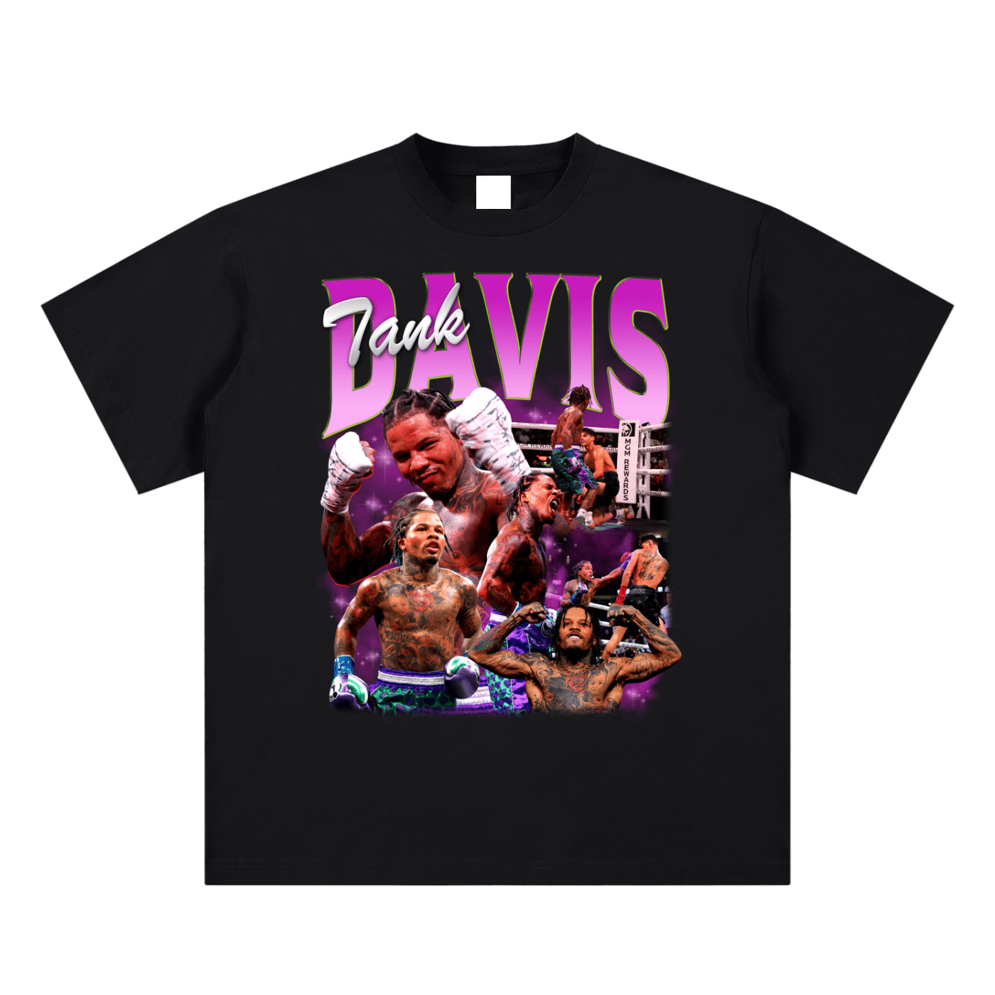 Black t-shirt with graphic design of a boxer and text on a white background