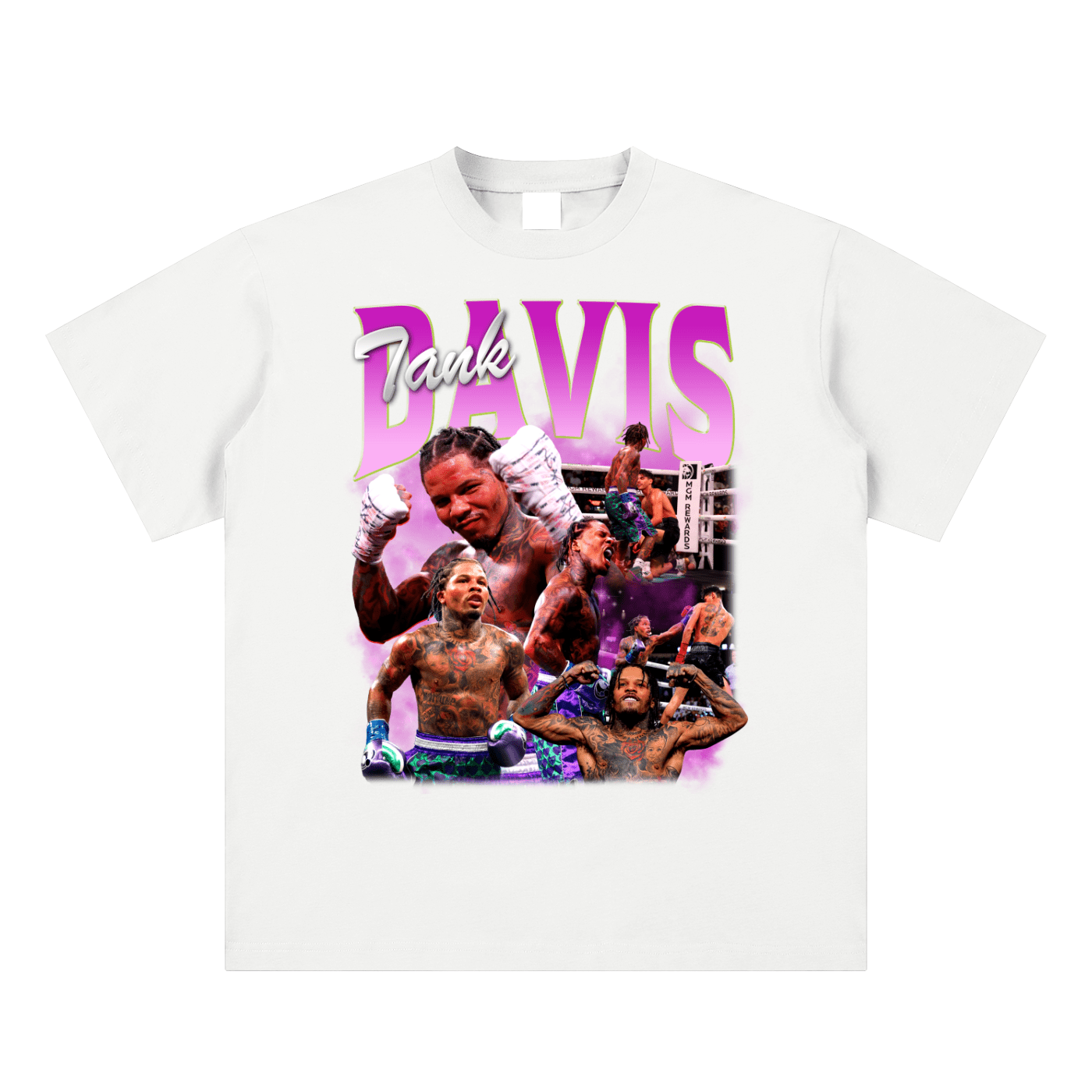 White t-shirt with a graphic of a boxer and text on a white background