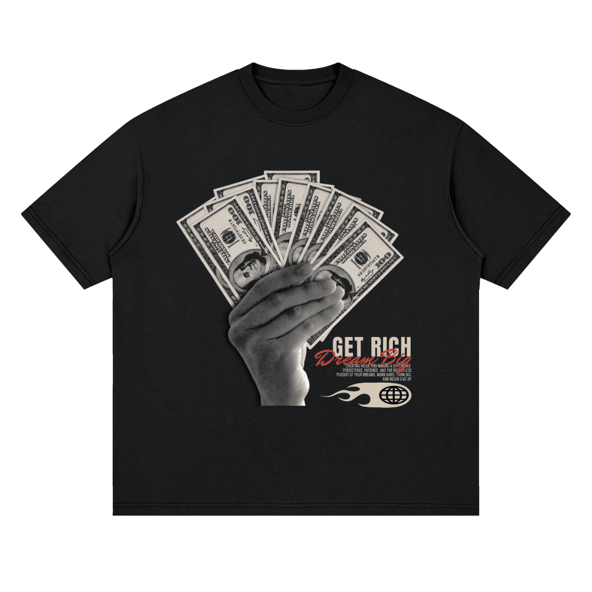 A black short-sleeve crewneck t-shirt featuring a graphic print of a hand holding a fanned-out stack of dollar bills, with the text 'GET RICH Quick' and a flame logo on the front.