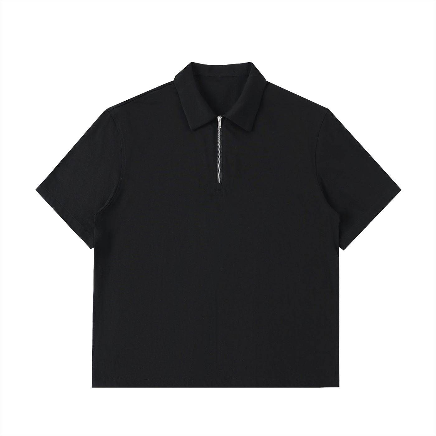 Black polo shirt with a zipper on a white background