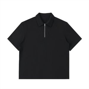Black polo shirt with a zipper on a white background