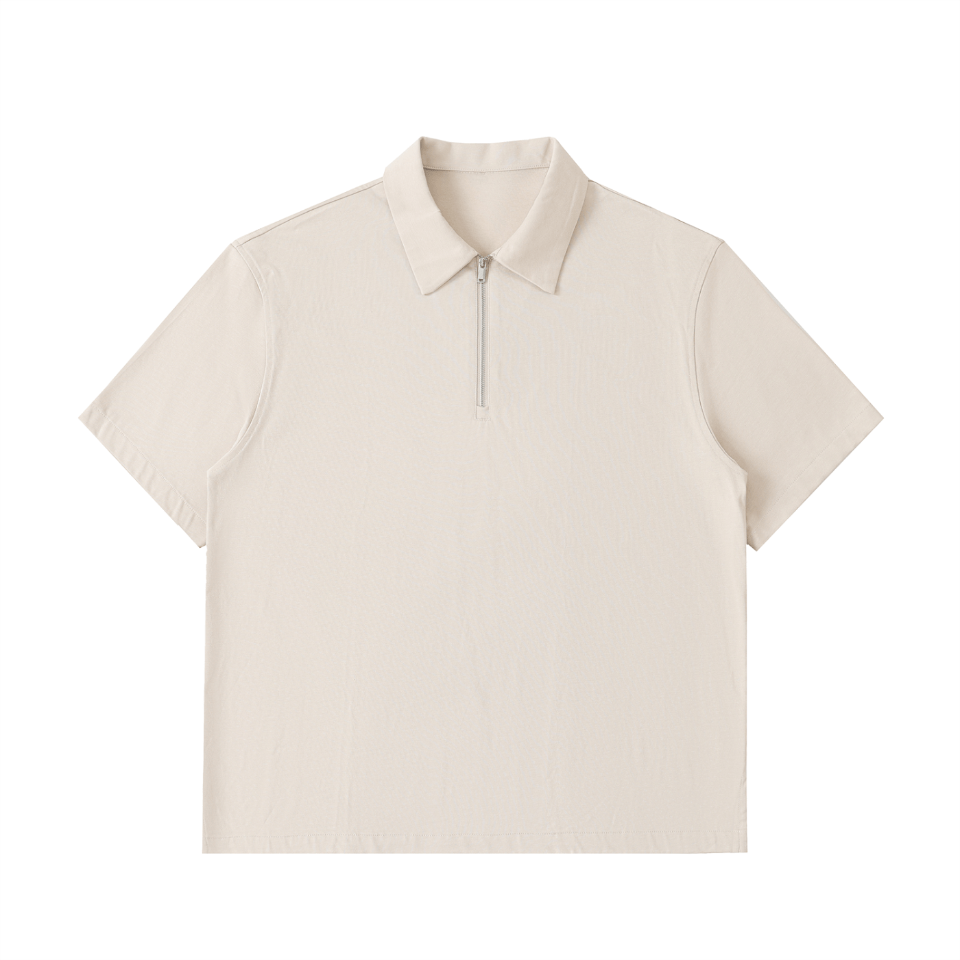 Beige short-sleeve polo shirt with a zipper on a white background
