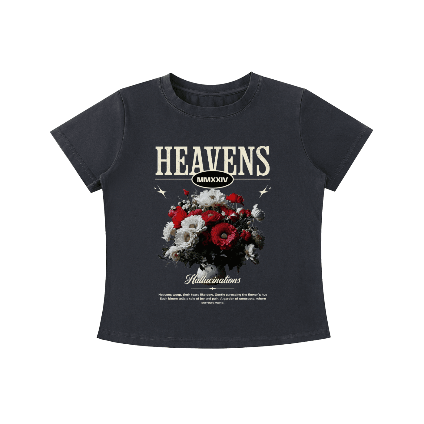 Black t-shirt with floral design and text on a white background