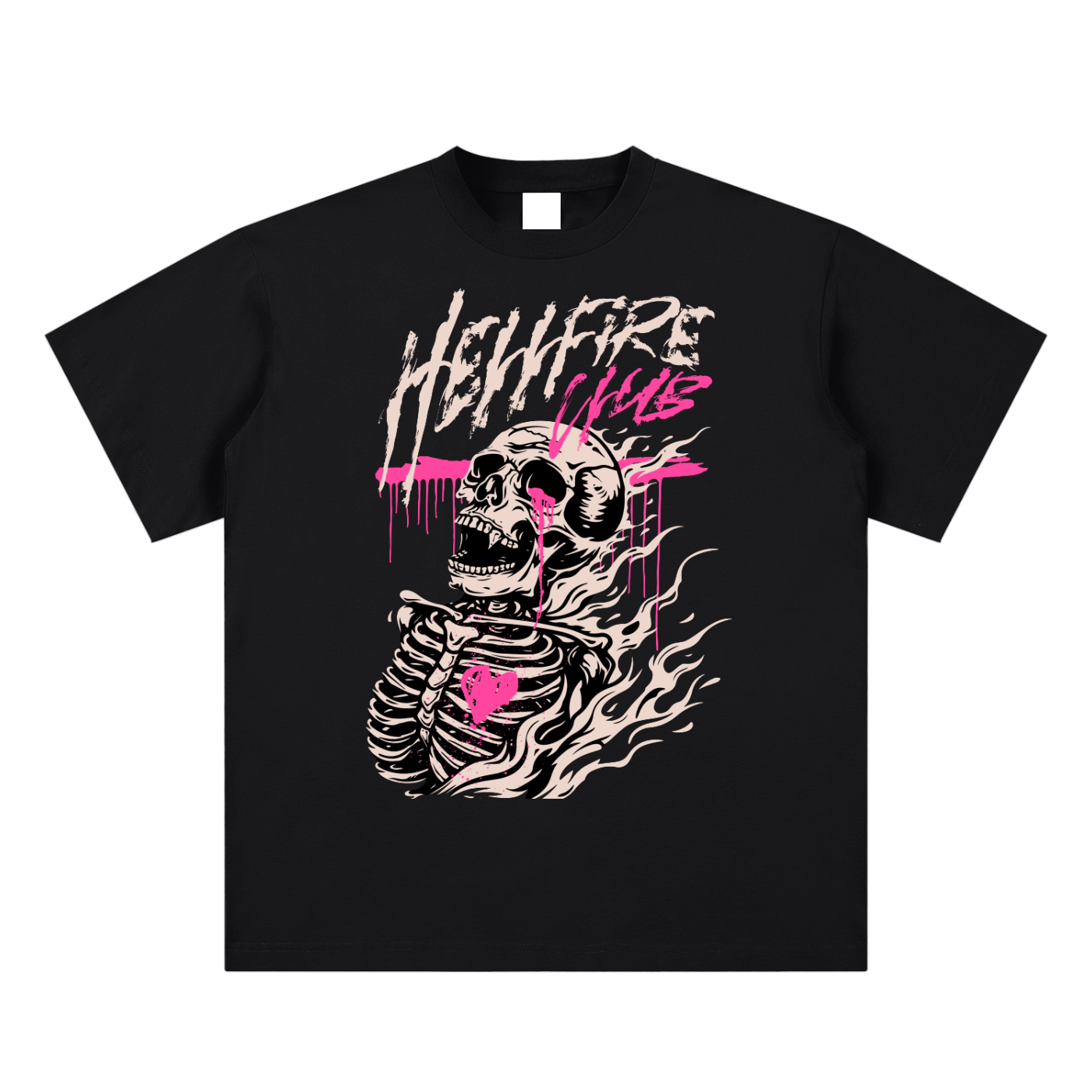 Black t-shirt with a skeleton design and 'Hellfire Club' text on a white background