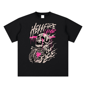 Black t-shirt with a skeleton design and 'Hellfire Club' text on a white background