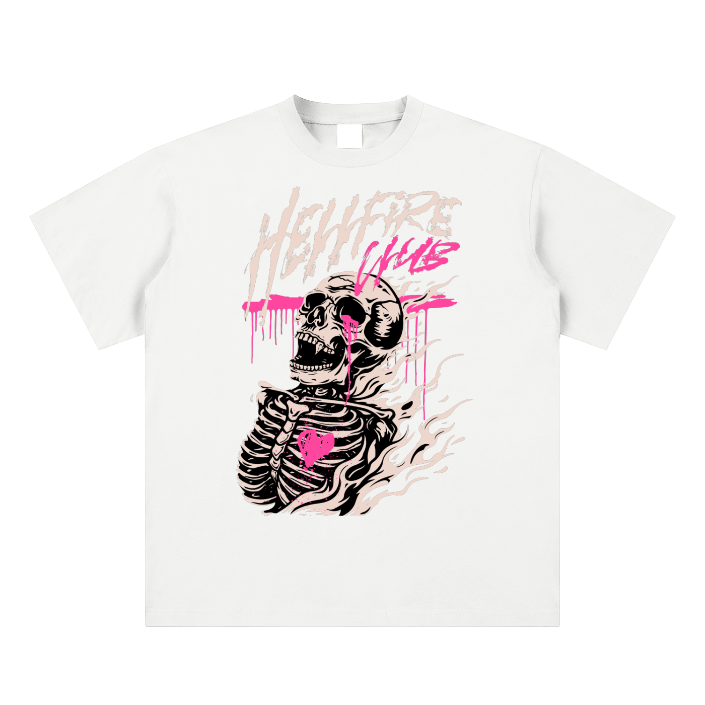 White t-shirt with a skeleton design and 'Hellfire Club' text on a white background