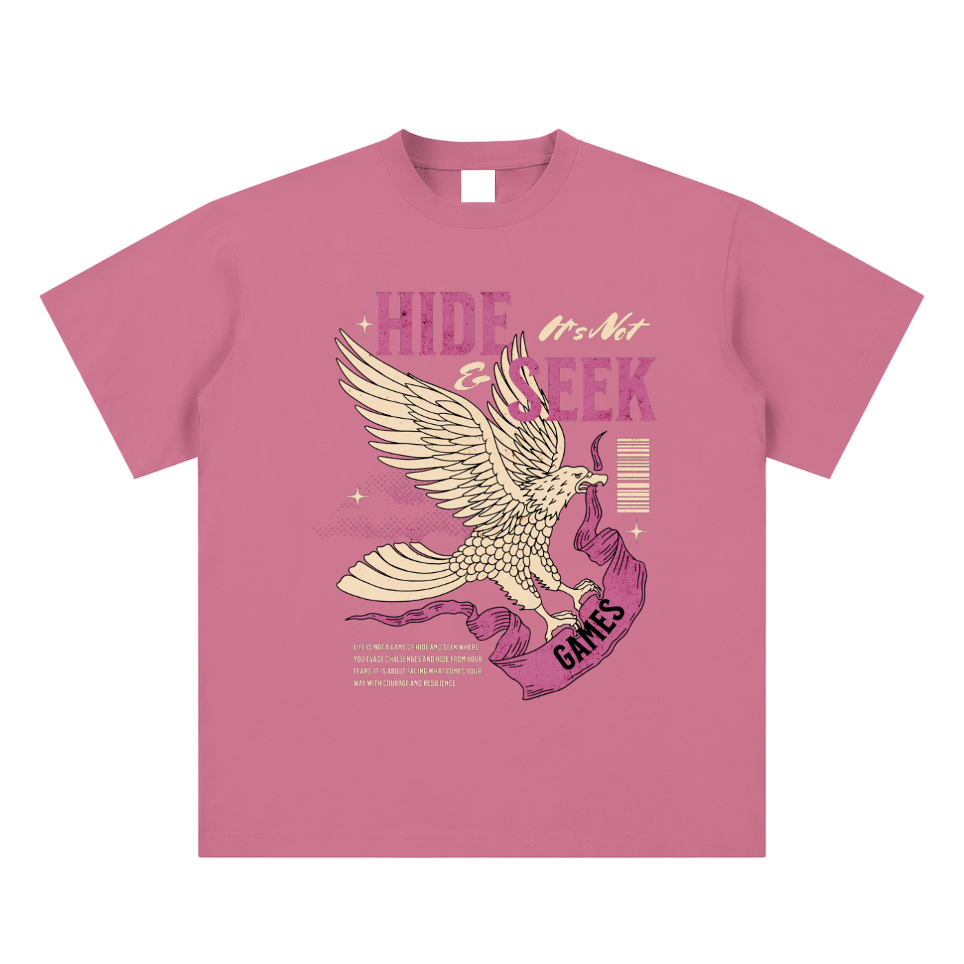 Pink t-shirt with an eagle graphic and text on a white background