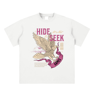 White t-shirt with a graphic of a bird and text on a white background