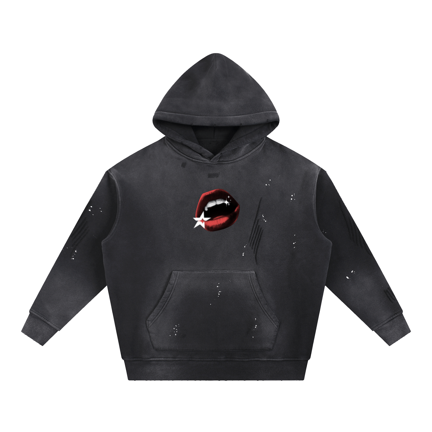 Black hoodie with a graphic design on the chest against a white background