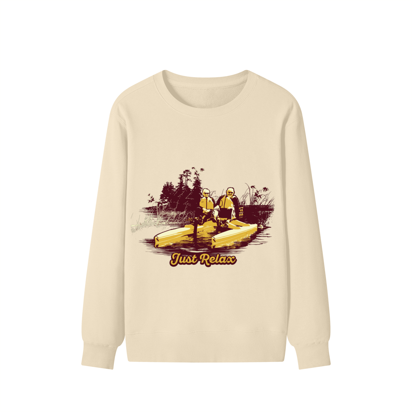 Beige long-sleeve shirt with a graphic of two people in kayaks and 'Just Relax' text on a white background